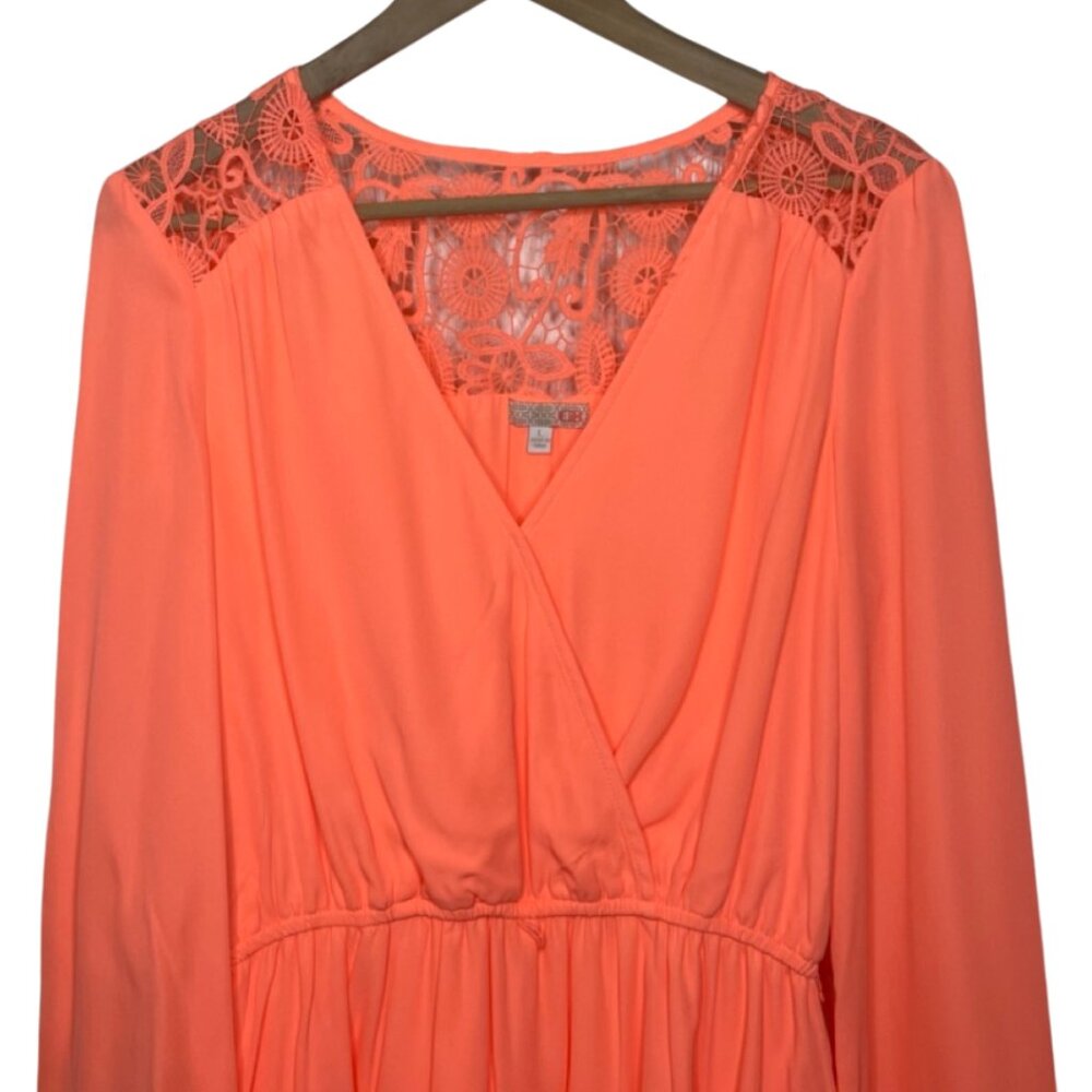 GIANNI BINI | Long Sleeve Bright Coral Lace Trim Mini Dress | Size L - Picture 2 of 13